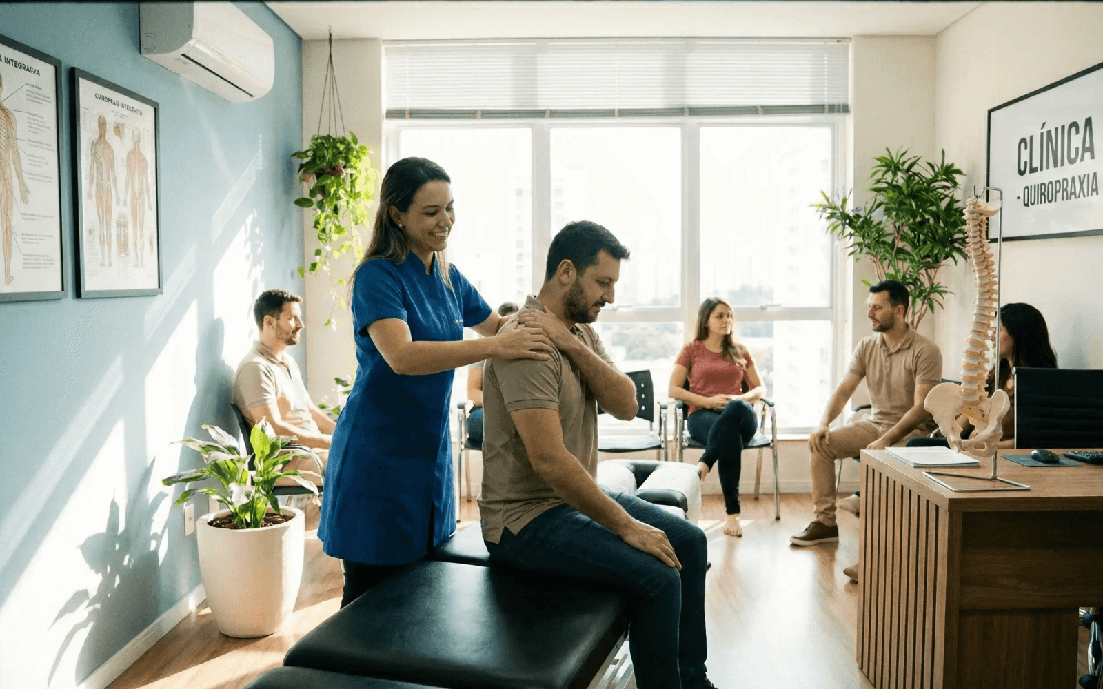 Espaços especializados com macas profissionais para ajustes quiropráticos e cuidados da coluna vertebral